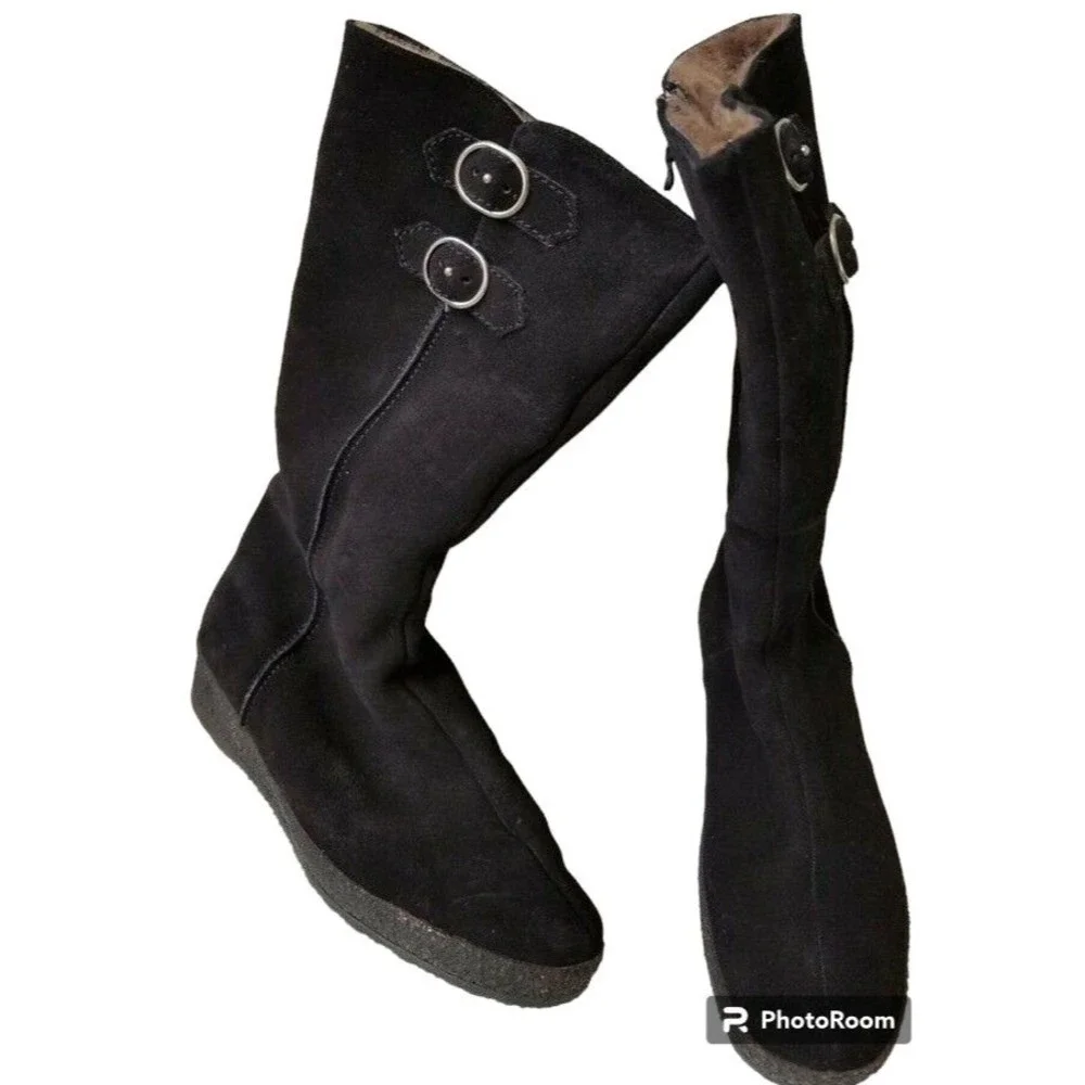 Medicus Black Suede Boots Size 8 Fur Lined Rubber Sole Side Zip Comfort